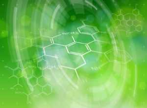 Ecology technology concept - chemical formulas, radial HUD elements & green bokeh abstract light background / vector illustration / eps10